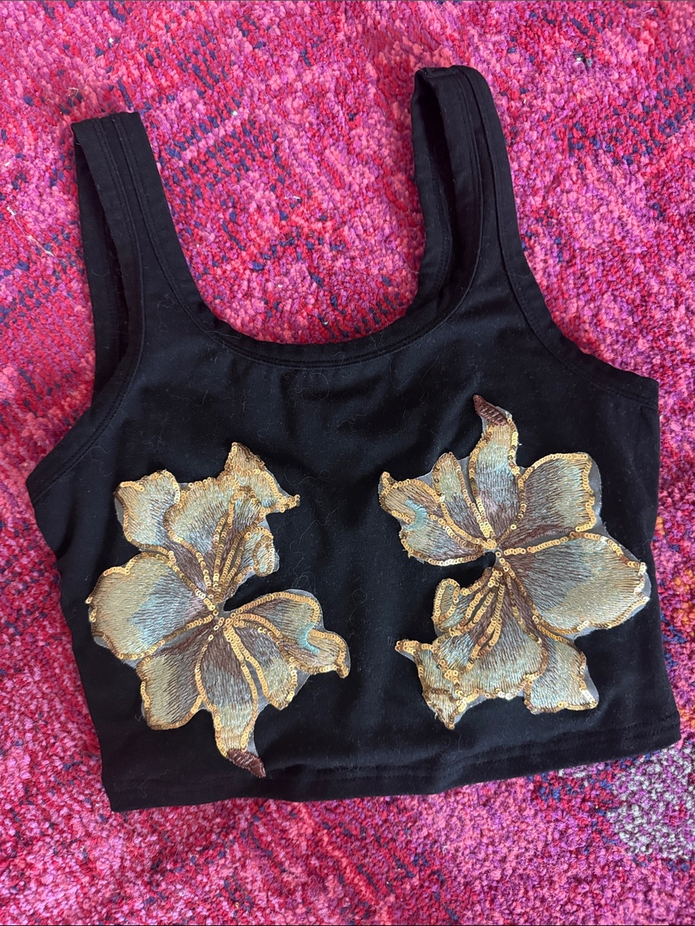 Black Crop Tank Top with Gold Floral Appliqués